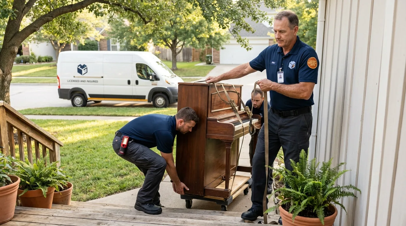 Licensed piano movers securing grand piano in Erving, MA