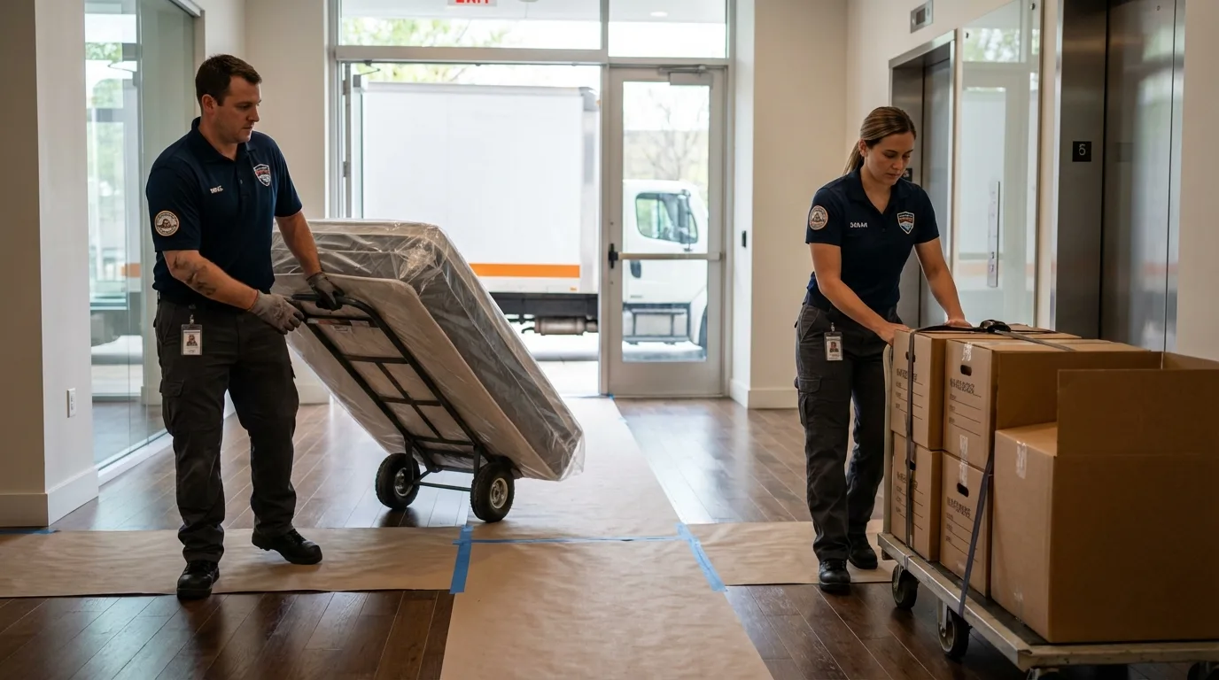 Professional apartment movers loading elevator in Erving, MA