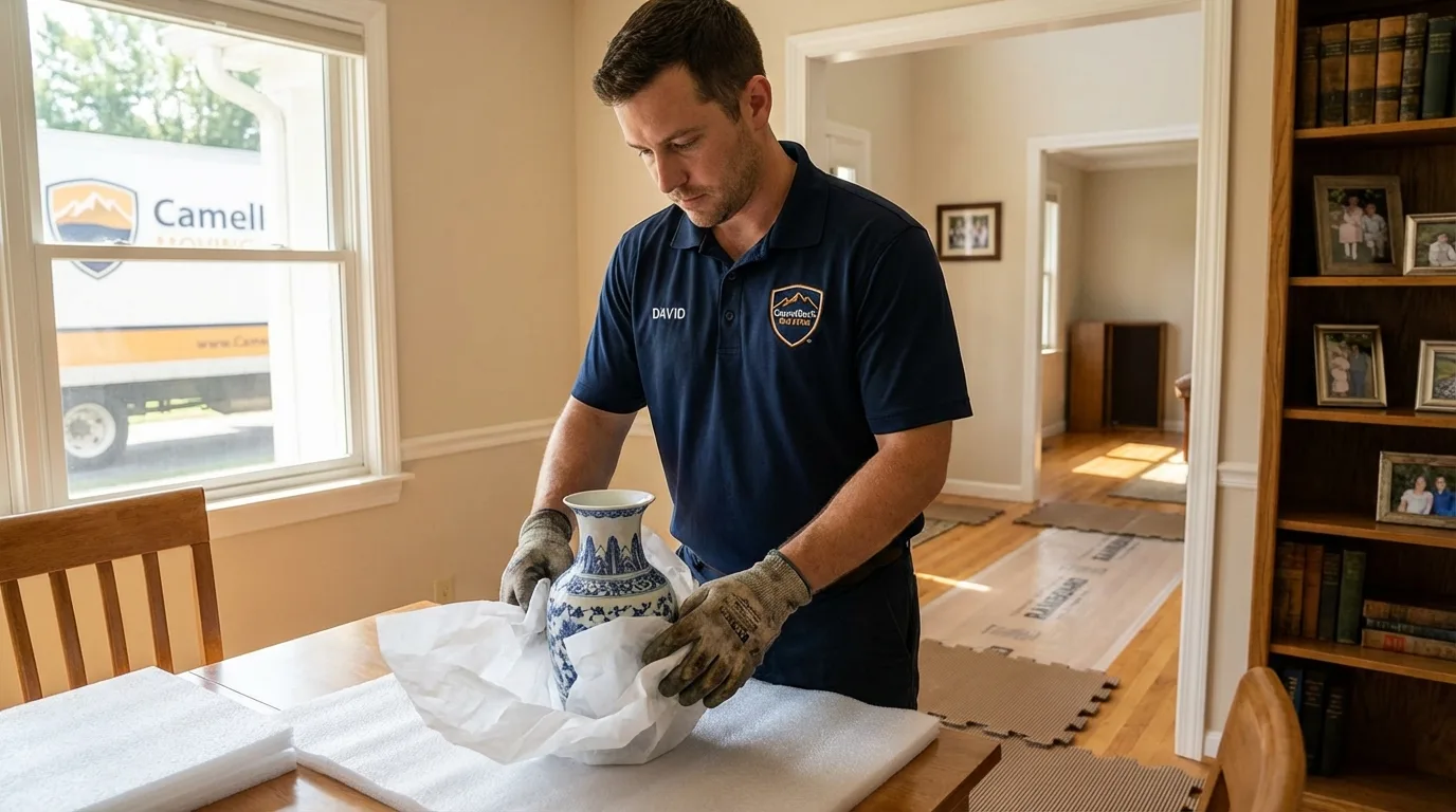 Professional crew carefully wrapping antique vase for senior downsizing move in Erving, MA