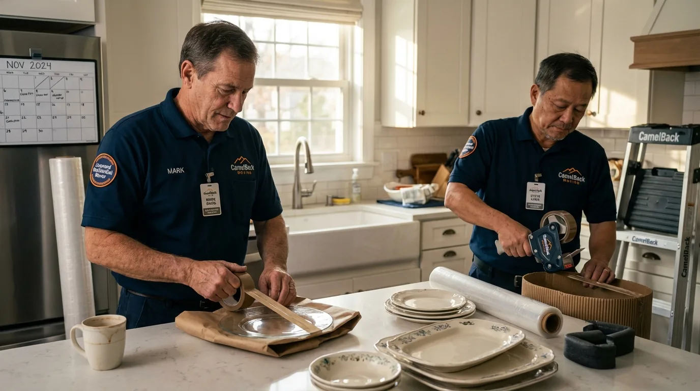 Professional crew packing kitchen dishware in Erving, MA